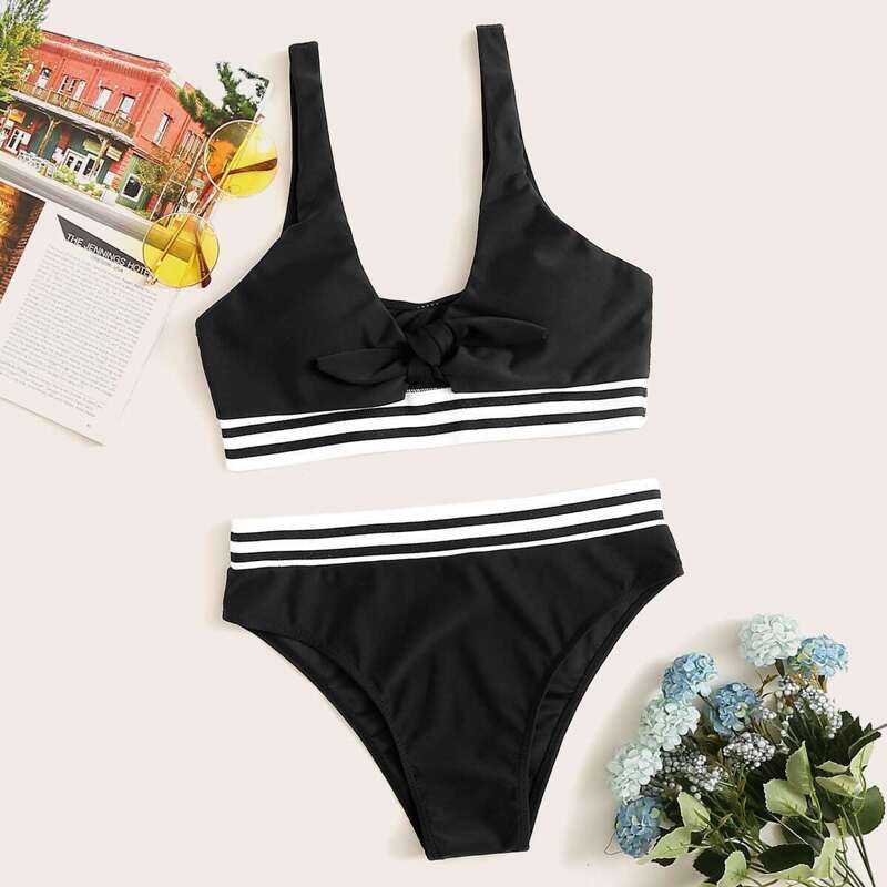 

Striped Trim Knot Front Bikini Set, Black