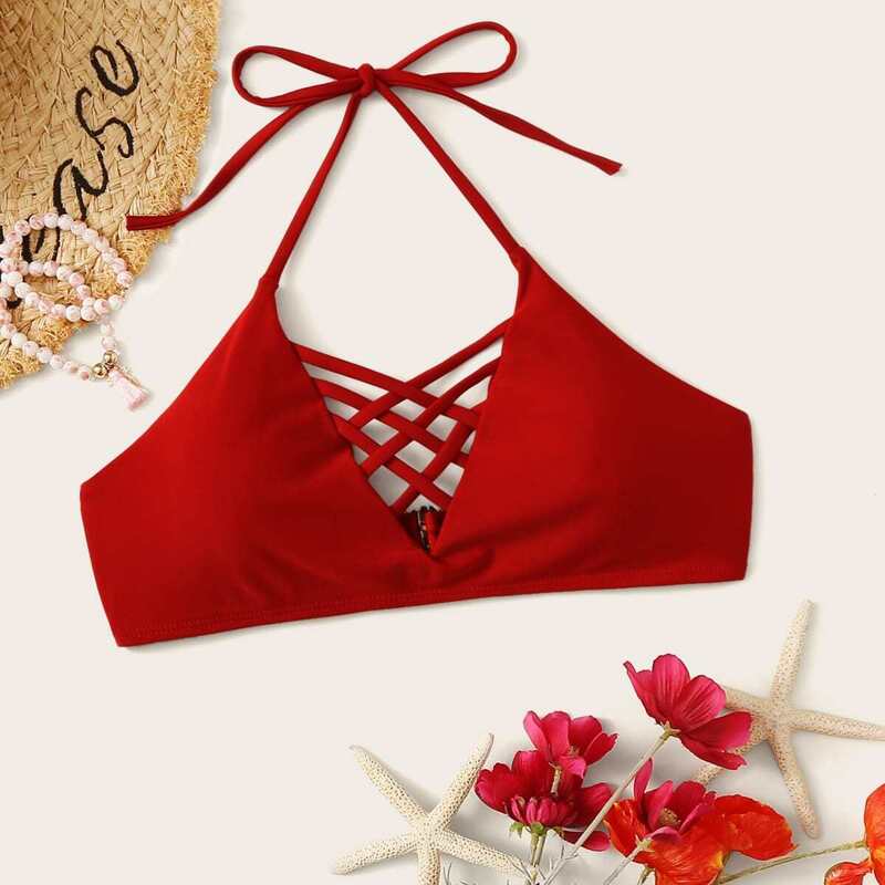 

Lattice Halter Bikini Top, Red