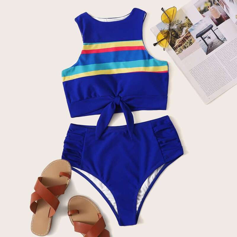 

Striped Top With Ruched High Waist 2 Piece Swimsuit, Blue