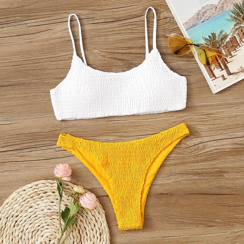 

Two Tone Smocked Bikini Set, Multicolor