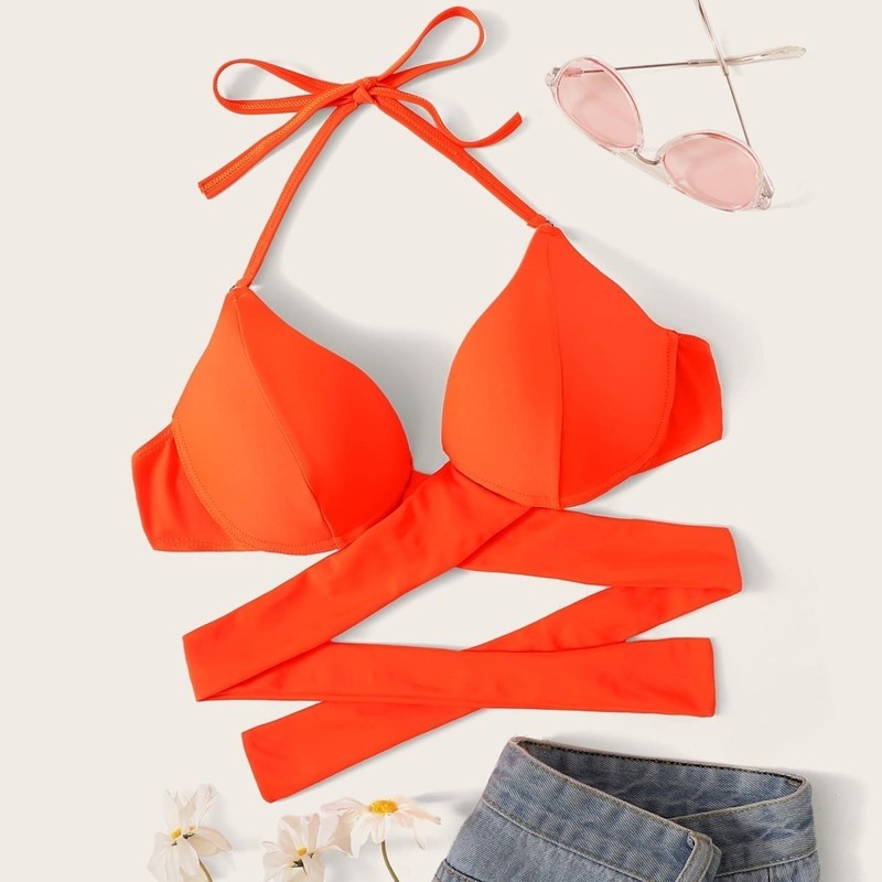 

Underwired Wrap Halter Swimming Top, Orange bright