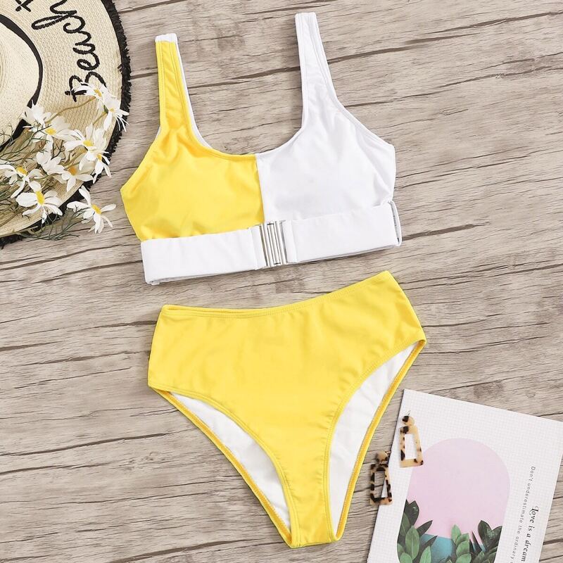 

Two Tone Buckle Front Top With High Waist Bikini, Multicolor