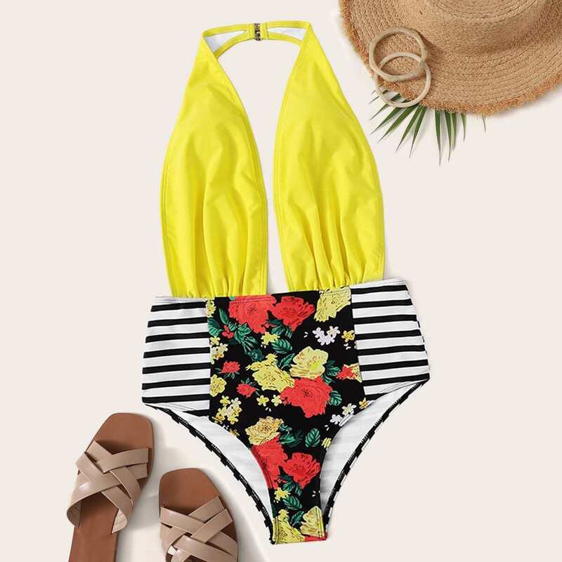 

Random Floral & Striped Ruched Backless One Piece Swimsuit, Multicolor