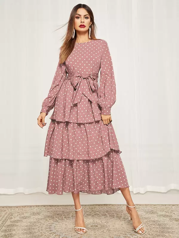 SHEIN Bishop Sleeve Belted Layered Polka Dot Dress