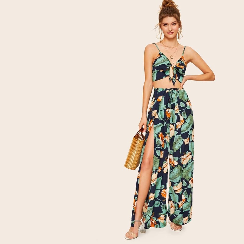 

Tropical Leaf Cami Top & M-Slit Pants Set, Multicolor