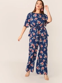 SHEIN 大碼花卉自腰帶上衣和闊腳褲子套裝 - 彩色 - 查看 2