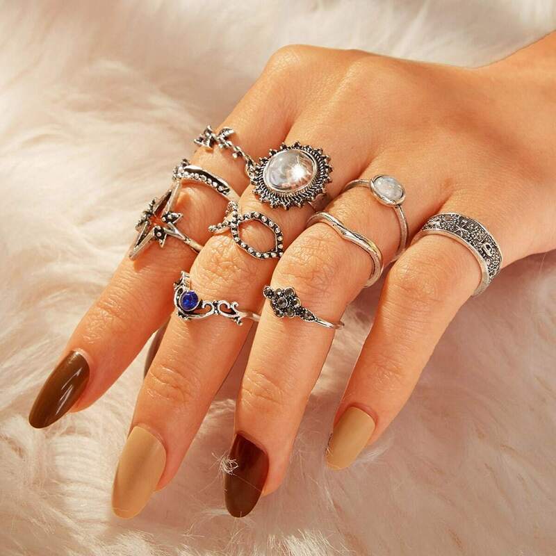 

Rhinestone Detail Engraved Ring 10pcs, Silver