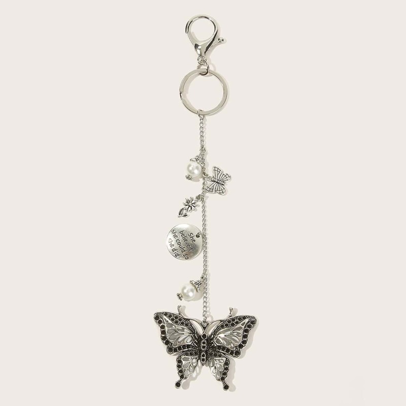 

Metal Butterfly & Faux Pearl Pendant Keychain, Silver