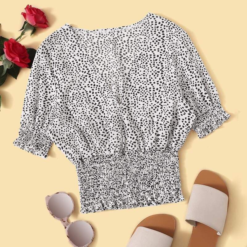 

Dalmatian Print Shirred Waist Blouse, Black and white