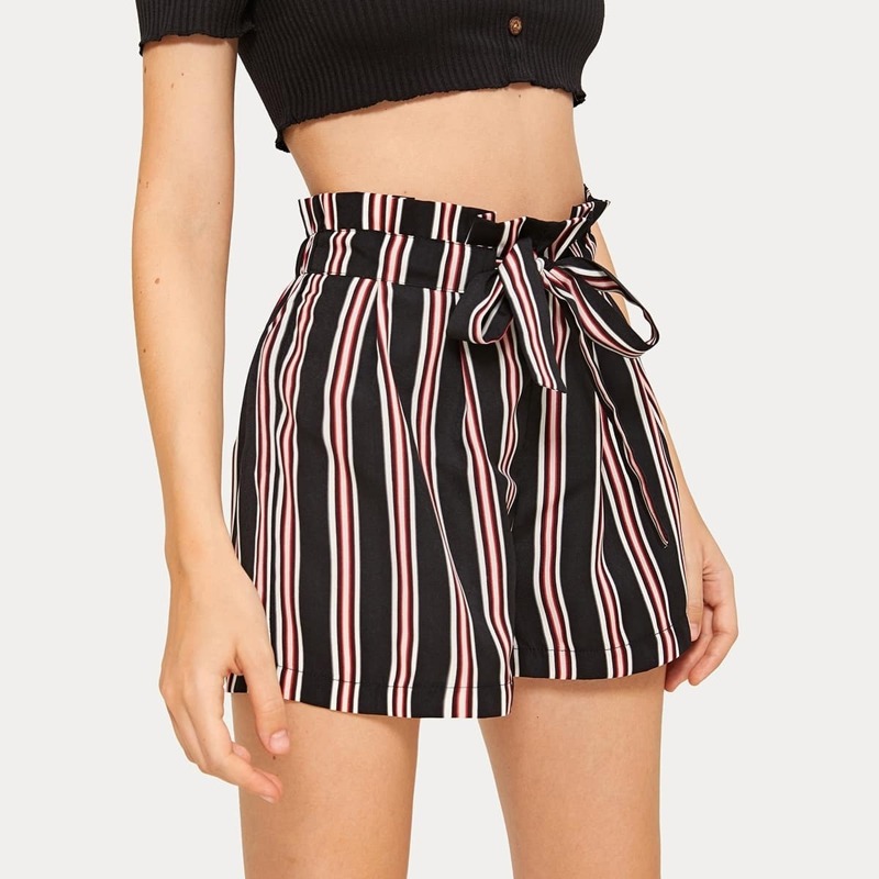 

Striped Tie Front Paperbag Shorts, Multicolor