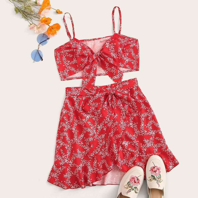 

Ditsy Floral Print Tie Front Cami Top With Skirt, Red