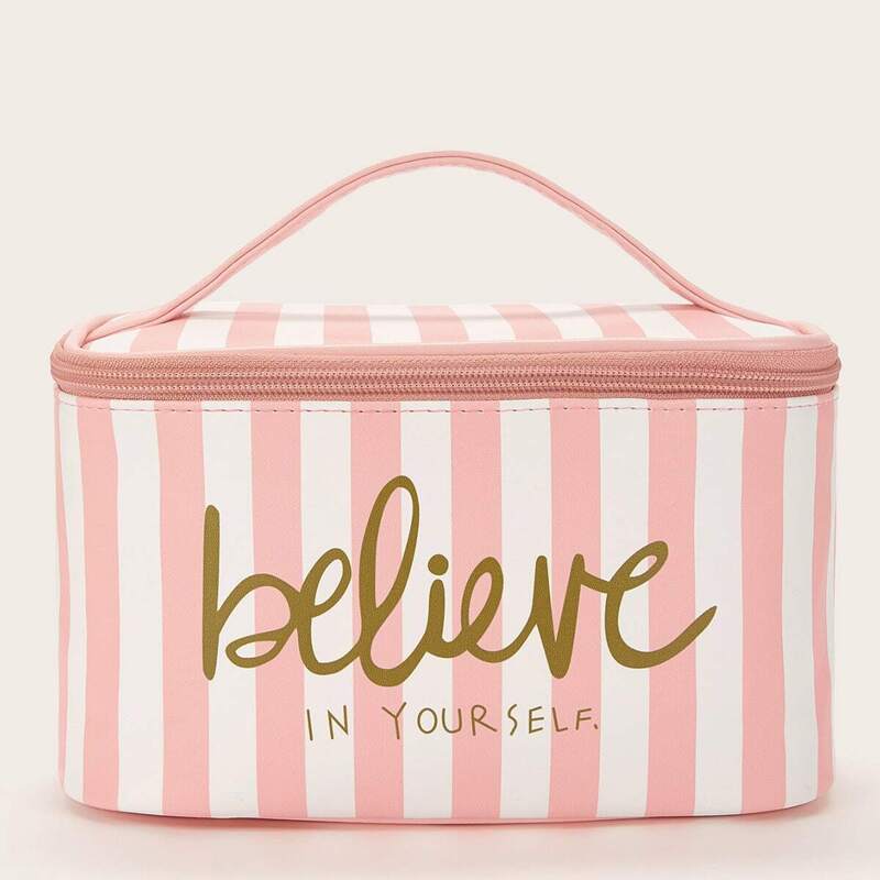 

Striped Zipper Around Makeup Bag, Coral pink