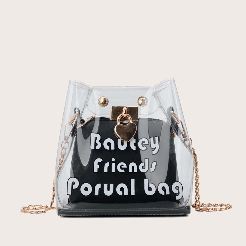 

Heart Lock Decor Clear Bag With Inner Pouch, Black