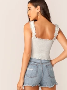 SHEIN Privé Frill Trim Crop Shirred Top - White - View 2