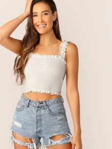 SHEIN Privé Frill Trim Crop Shirred Top - White - View 3