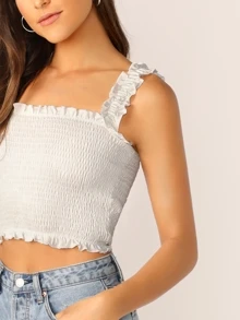 SHEIN Privé Frill Trim Crop Shirred Top - White - View 4