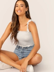 SHEIN Privé Frill Trim Crop Shirred Top - White - View 5
