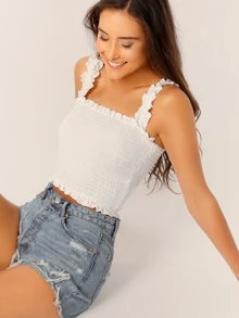SHEIN Privé Frill Trim Crop Shirred Top - White - View 1
