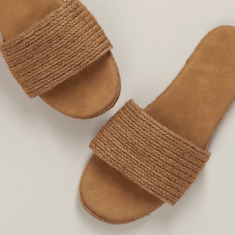 

Open Toe Woven Jute Band Flat Slide Sandals, Tan