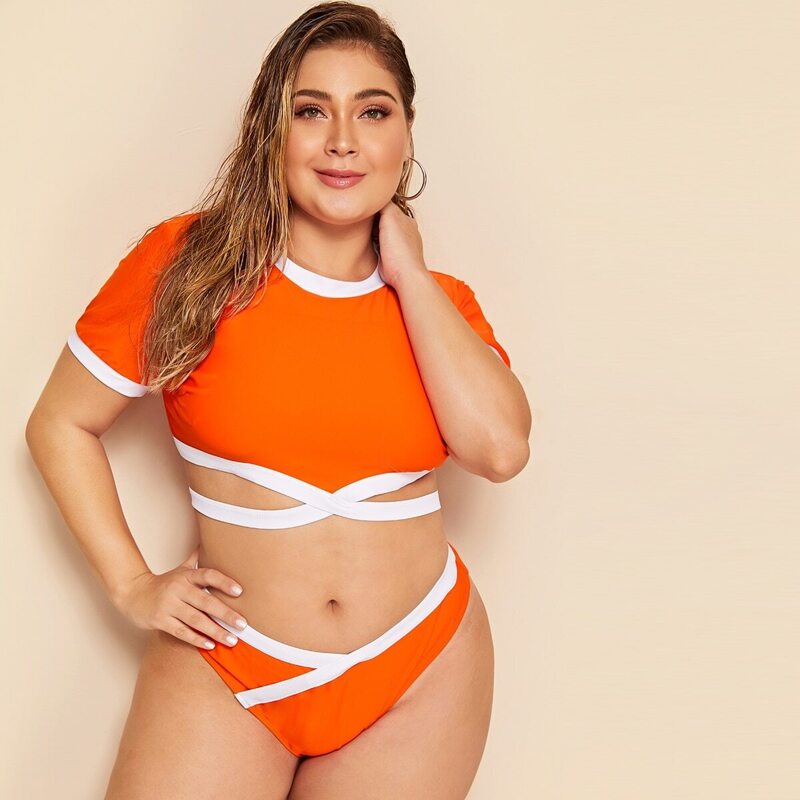 

Plus Contrast Trim Two Piece Swimwear, Orange