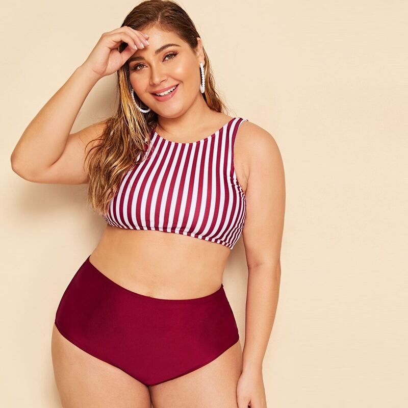 

Plus Striped Top With High Waist Bikini, Burgundy