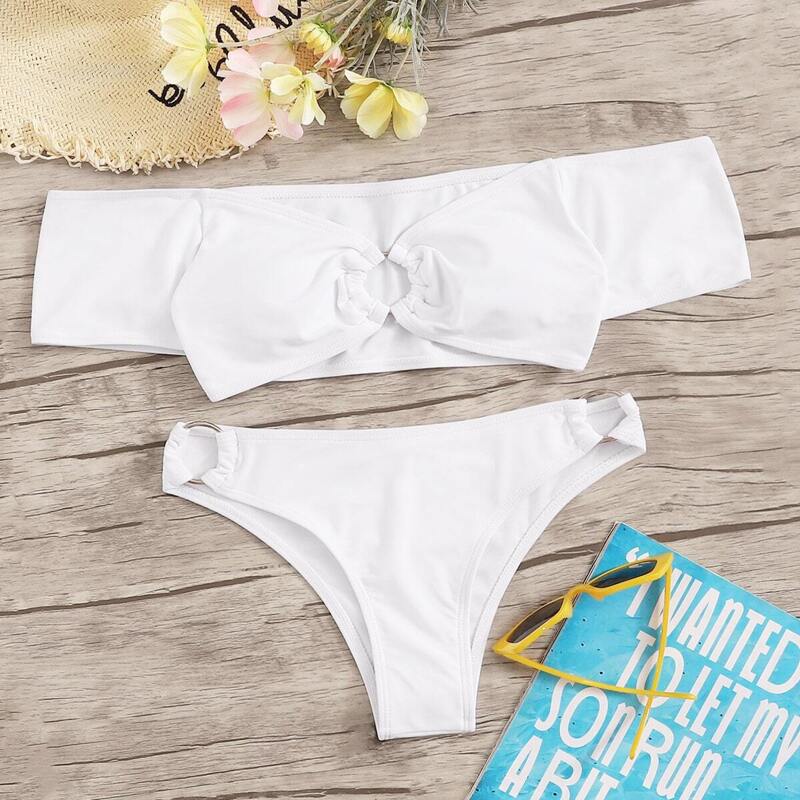 

Short Sleeve Off the Shoulder O-Ring Bikini, White