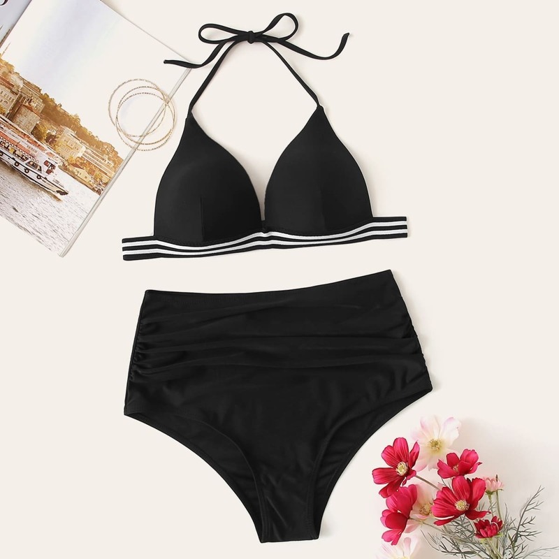 

Striped Trim Halter Top With Ruched High Waist Bikini, Black