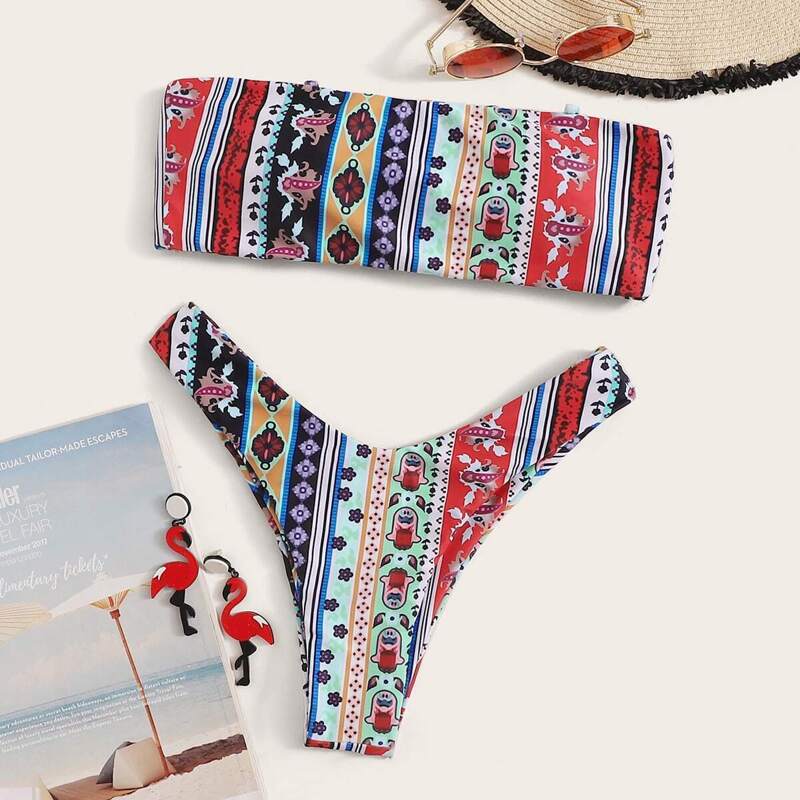

Random Graphic Print Bandeau With High Cut Bikini, Multicolor