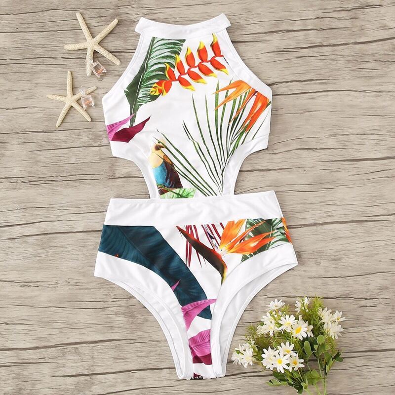 

Random Tropical Print Tie Back Monokini, Multicolor