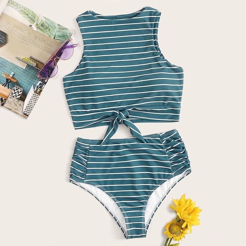 

Striped Knot Hem Top With Ruched High Waist Bikini, Multicolor