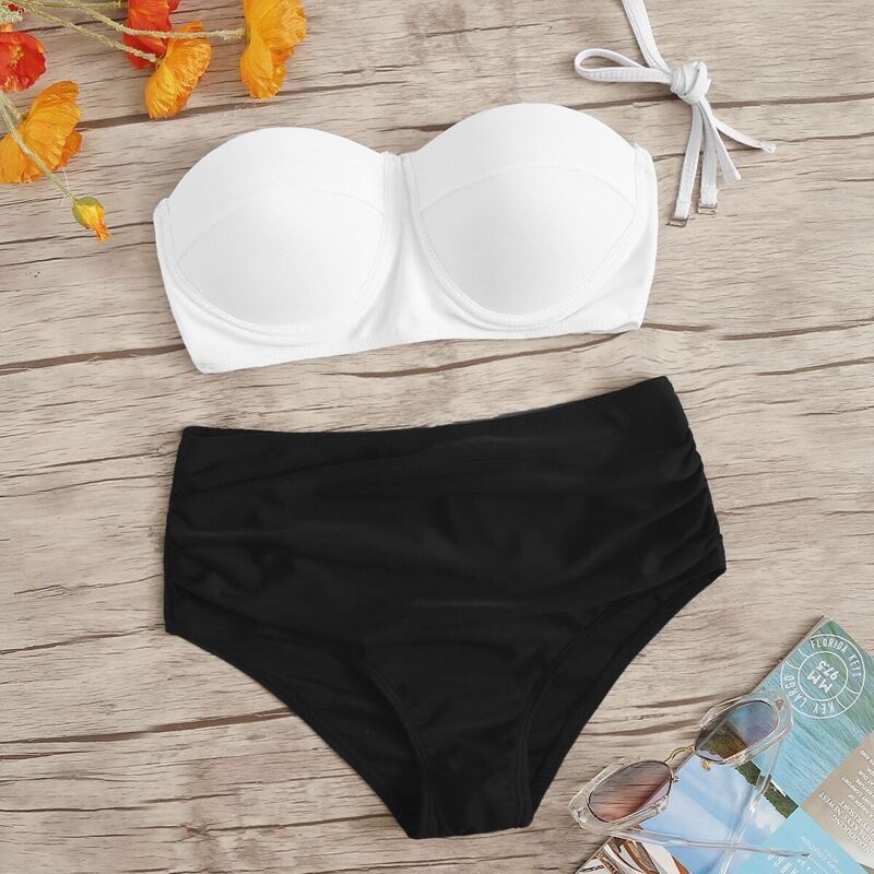 

Underwired Top With Ruched High Waist Bikini Set, Black and white
