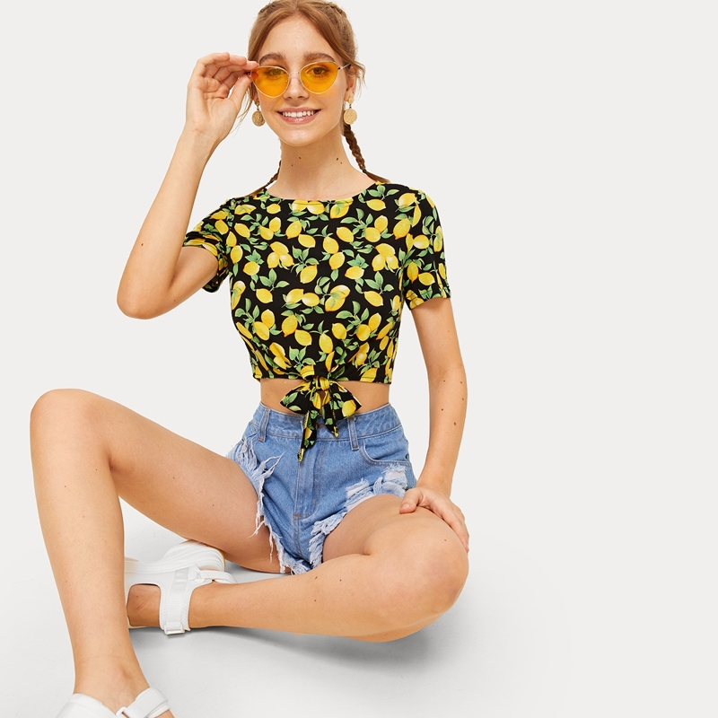 

Lemon Print Knot Front Crop Top, Multicolor