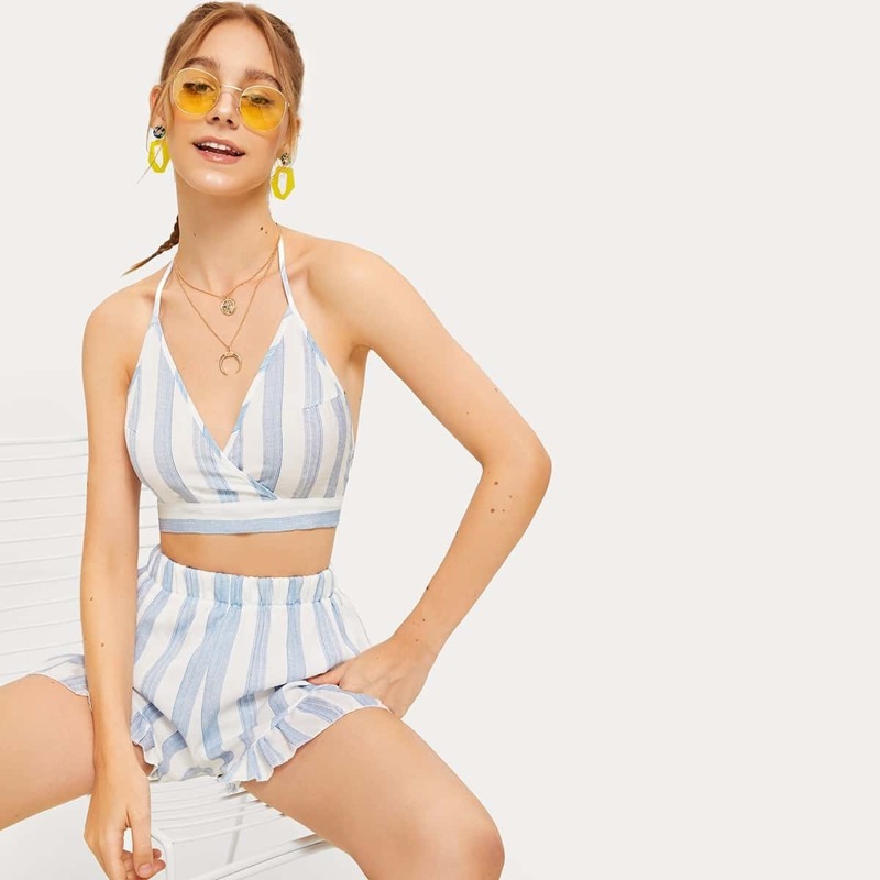 

Striped Tie Back Halter Top With Shorts, Multicolor