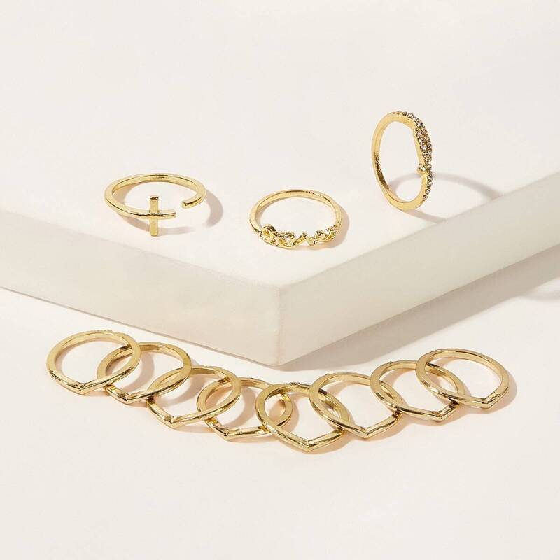 

Rhinestone Detail Simple Ring 11pcs, Gold