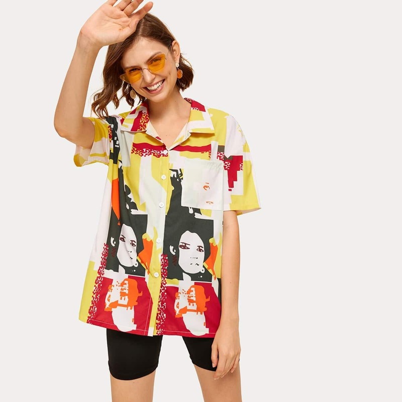 

Figure Print Button Front Shirt, Multicolor