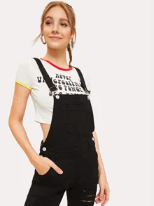 Petos mezclilla con diseño de botón desgarro con con bolsillo - Negro - Ver 4