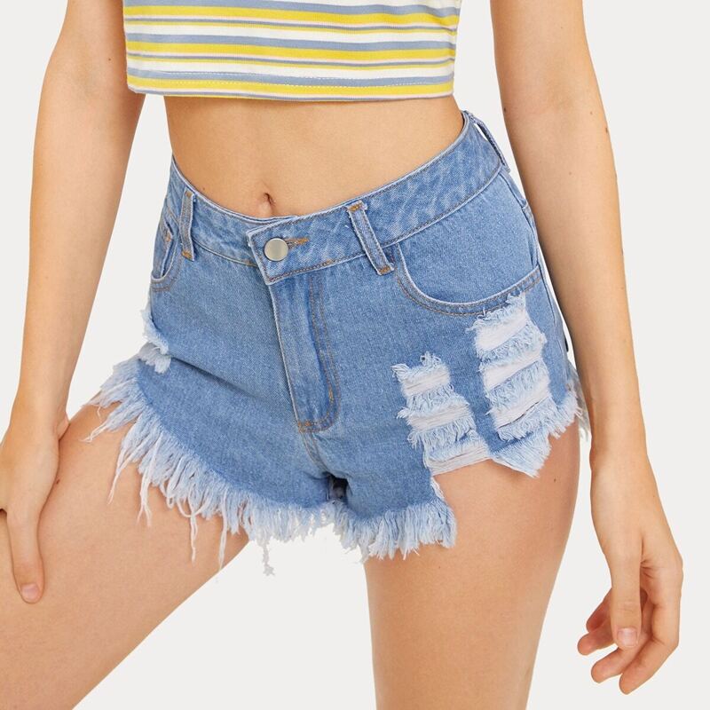 

Button Waist Ripped Raw Hem Denim Shorts, Blue