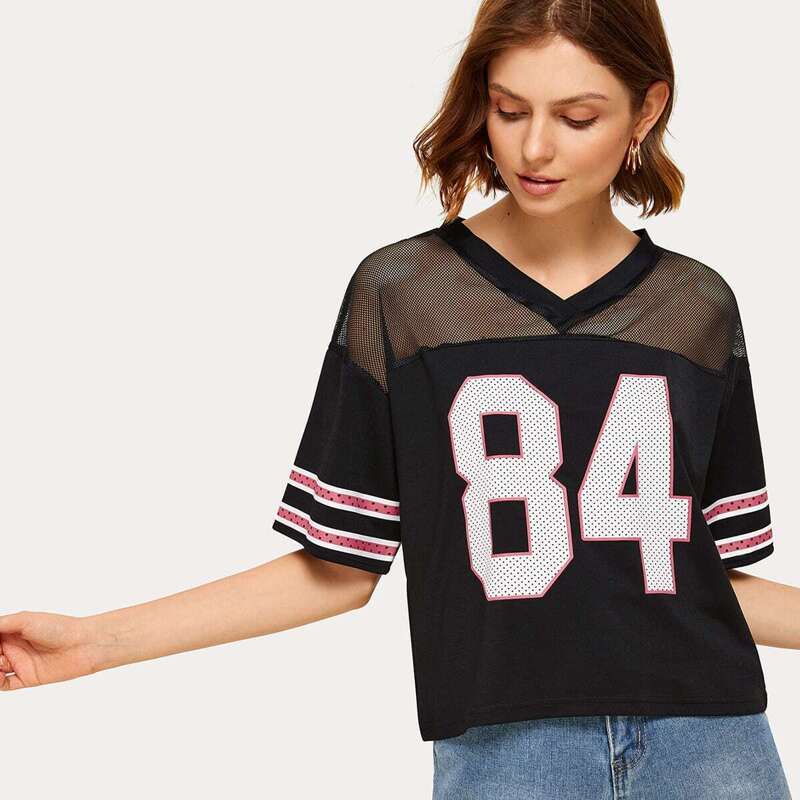 

Mesh Panel Letter Print Varsity Tee, Black