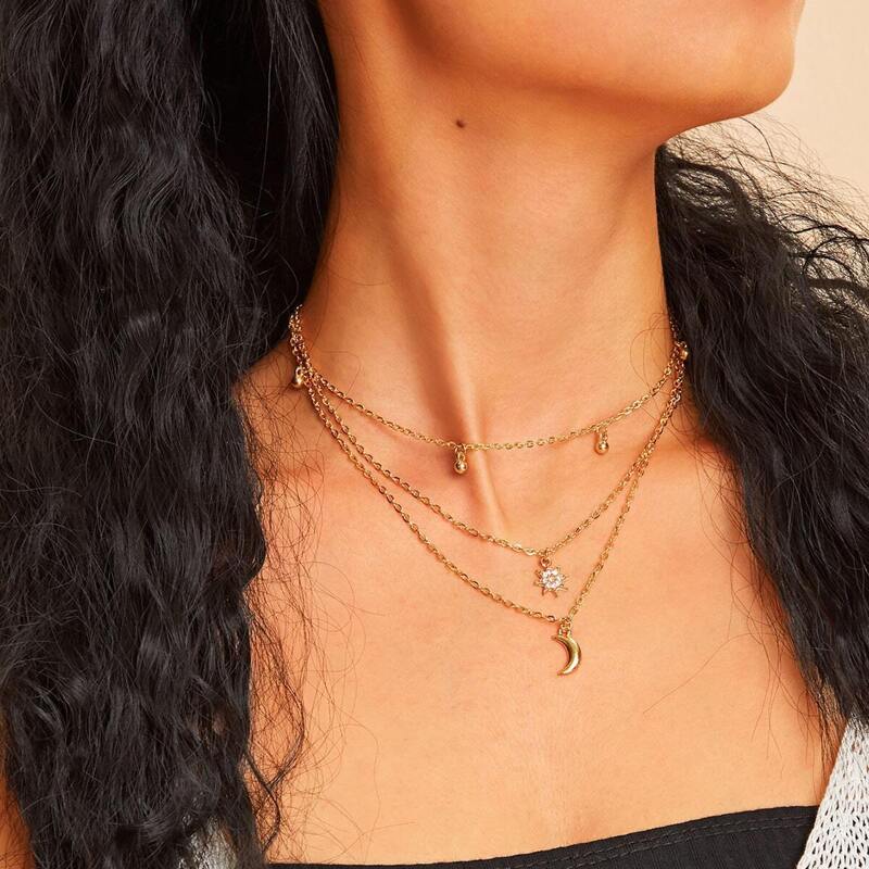 

Moon & Star Pendant Layered Chain Necklaces 1pc, Gold