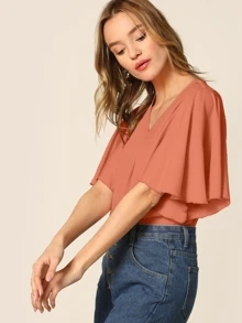 SHEIN Clasi Blusa de manga mariposa escote V - Naranja Coral - Ver 3