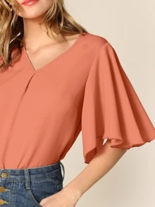 SHEIN Clasi Blusa de manga mariposa escote V - Naranja Coral - Ver 4
