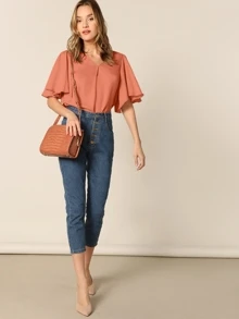 SHEIN Clasi Blusa de manga mariposa escote V - Naranja Coral - Ver 5