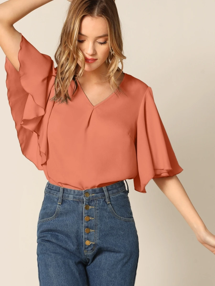 SHEIN Clasi Blusa de manga mariposa escote V - Naranja Coral - Ver 1