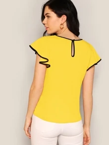 SHEIN Clasi 拼接邊鎖孔蝴蝶袖上衣 - 芥末黃 - 查看 2