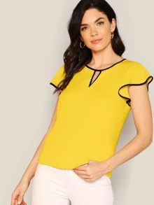 SHEIN Clasi 拼接邊鎖孔蝴蝶袖上衣 - 芥末黃 - 查看 3
