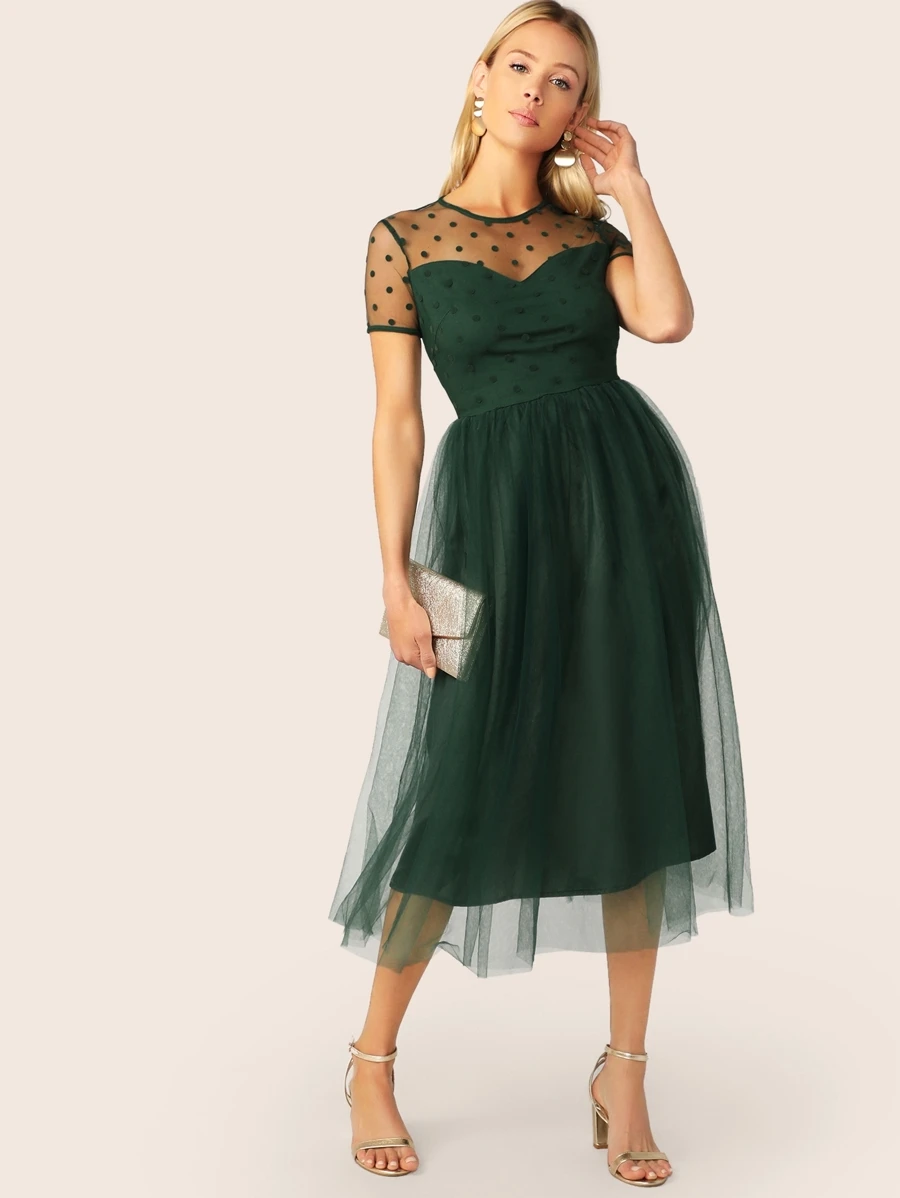 SHEIN Vestido amplio con malla fina - Verde Oscuro - Ver 1