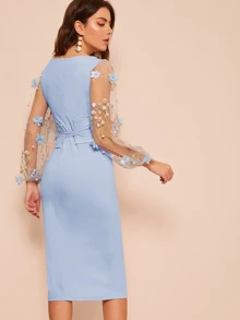 SHEIN 3D Appliques Mesh Sleeve Corset Belted Pencil Dress - Baby Blue - View 2