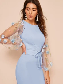 SHEIN 3D Appliques Mesh Sleeve Corset Belted Pencil Dress - Baby Blue - View 4