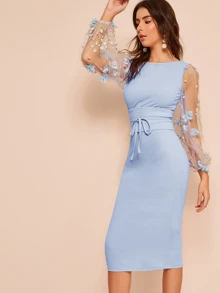 SHEIN 3D Appliques Mesh Sleeve Corset Belted Pencil Dress - Baby Blue - View 5