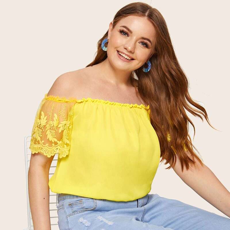 

Plus Contrast Lace Cuff Bardot Blouse, Yellow